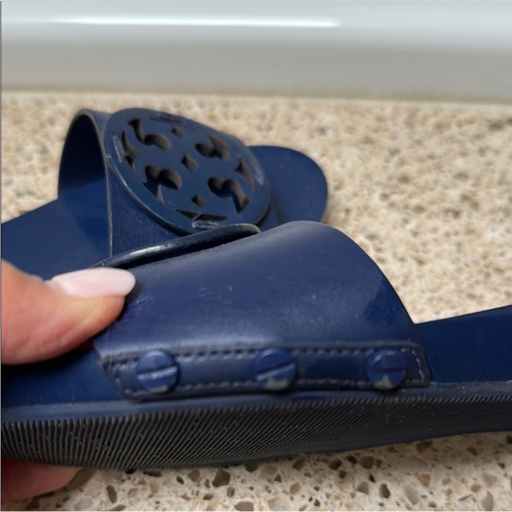 Tory Burch Navy Leather Logo Slide Sandals - Picture 8 of 10